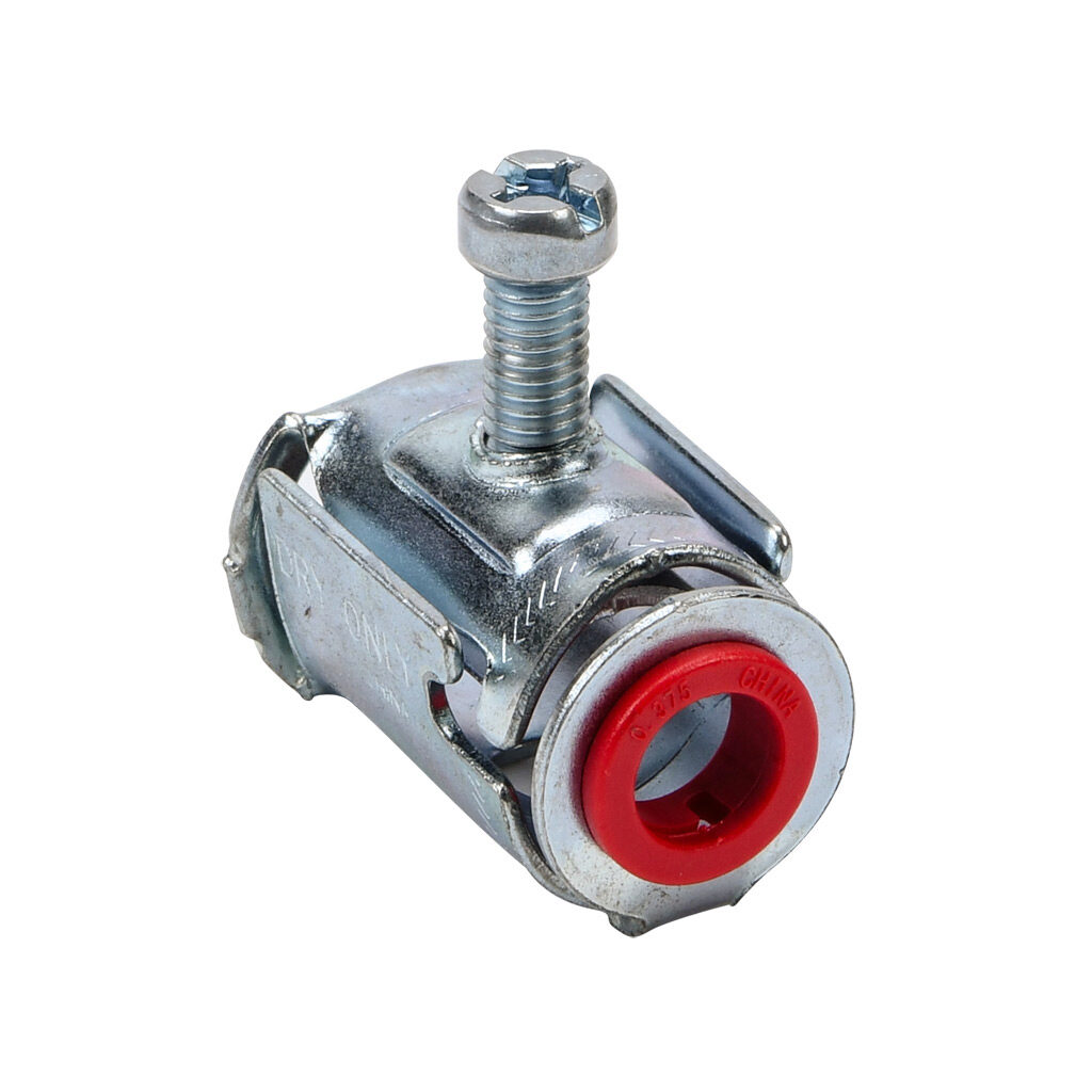 65705B - Halex fitting, zinc die cast, straight, 3/8in trade size, MC snap-in conduit connection, insulated. Package of 50. For use with flexible metal conduit (FMC), AC cable (BX), MC cable. Screw included.