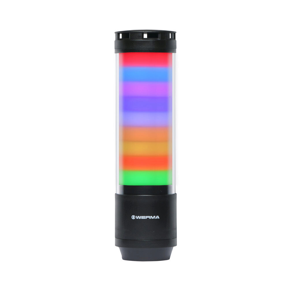 65710055 - WERMA eSIGN series LED signal tower, black, (9) tiers, 72mm diameter, custom programmable colors, selectable multi light function, (10) selectable tone(s), 24 VDC, 360 degree viewing angle, 8-pin M12 A-coded, base or tube mount, IP66 an...