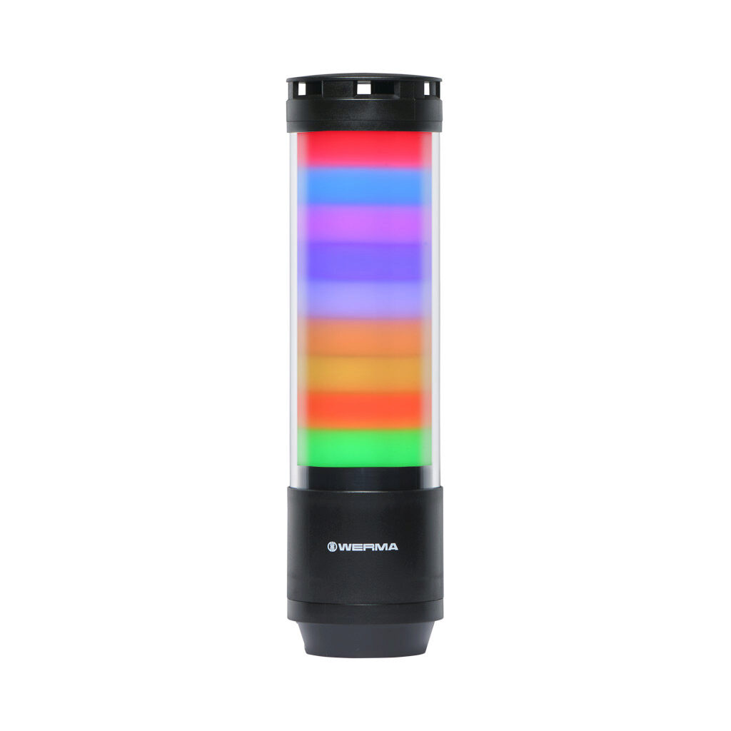 65711055 - WERMA eSIGN series LED signal tower, black, (9) tiers, 72mm diameter, custom programmable colors, selectable multi light function, (10) selectable tone(s), 24 VDC, 360 degree viewing angle, 4-pin M12 A-coded (IO-Link), base or tube moun...