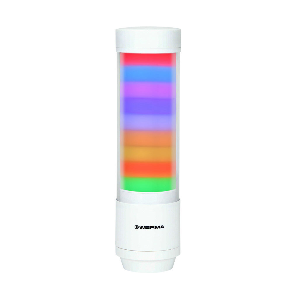 65721055 - WERMA eSIGN series LED signal tower, white, (9) tiers, 72mm diameter, custom programmable colors, selectable multi light function, 24 VDC, 360 degree viewing angle, 4-pin M12 A-coded (IO-Link), base or tube mount, IP66 and IP69K.
