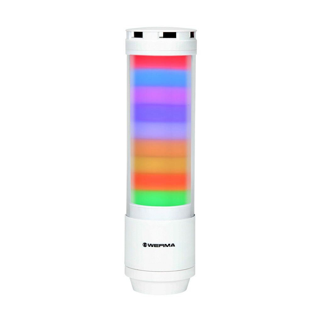 65730055 - WERMA eSIGN series LED signal tower, white, (9) tiers, 72mm diameter, custom programmable colors, selectable multi light function, (10) selectable tone(s), 24 VDC, 360 degree viewing angle, 8-pin M12 A-coded, base or tube mount, IP66 an...