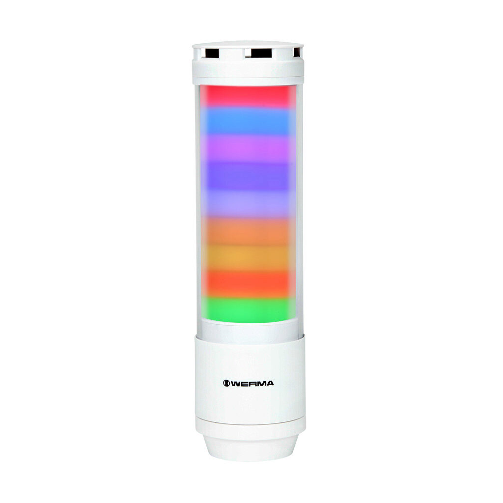 65731055 - WERMA eSIGN series LED signal tower, white, (9) tiers, 72mm diameter, custom programmable colors, selectable multi light function, (10) selectable tone(s), 24 VDC, 360 degree viewing angle, 4-pin M12 A-coded (IO-Link), base or tube moun...