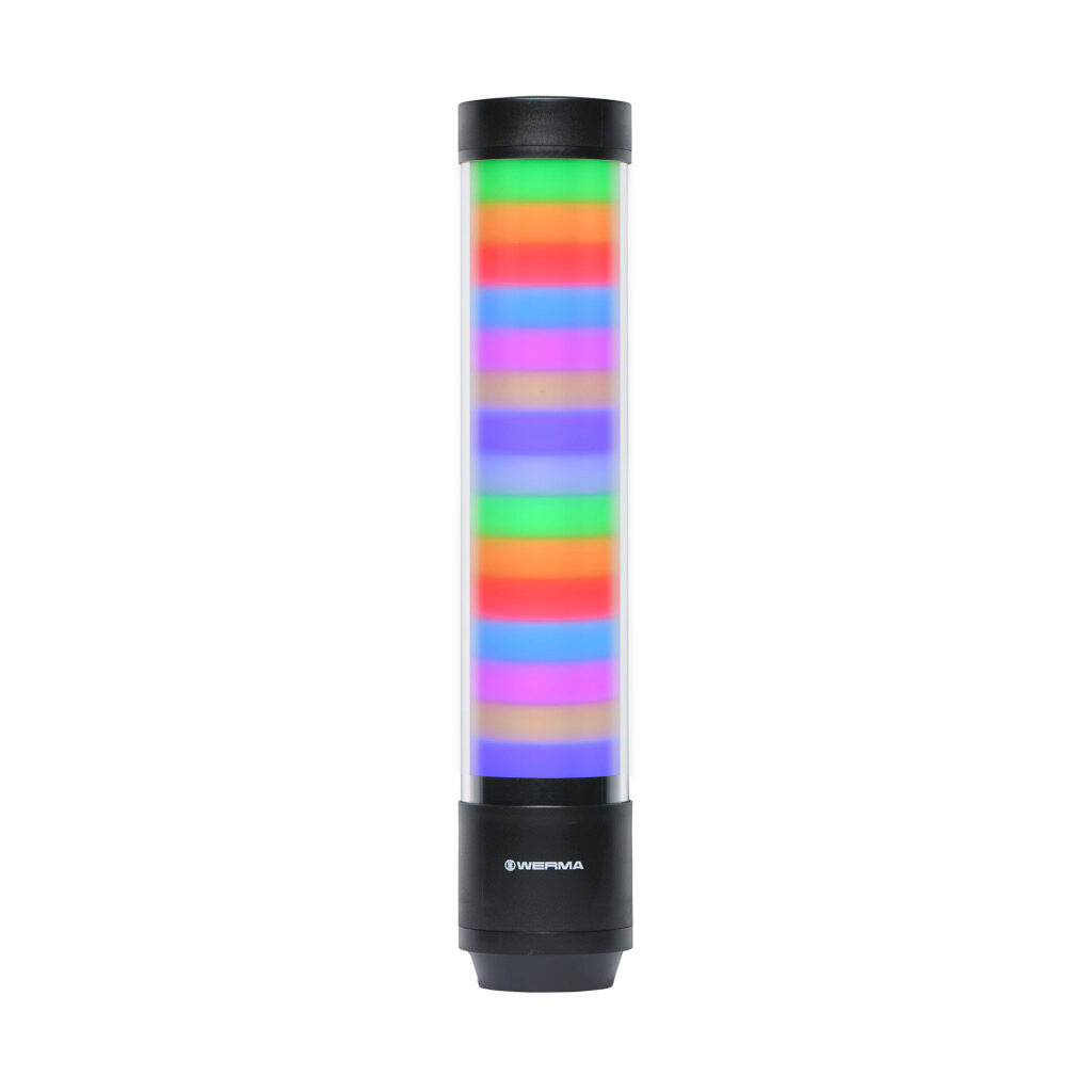 65750055 - WERMA eSIGN series LED signal tower, black, (15) tiers, 72mm diameter, custom programmable colors, selectable multi light function, 24 VDC, 360 degree viewing angle, 8-pin M12 A-coded, base or tube mount, IP66 and IP69K.