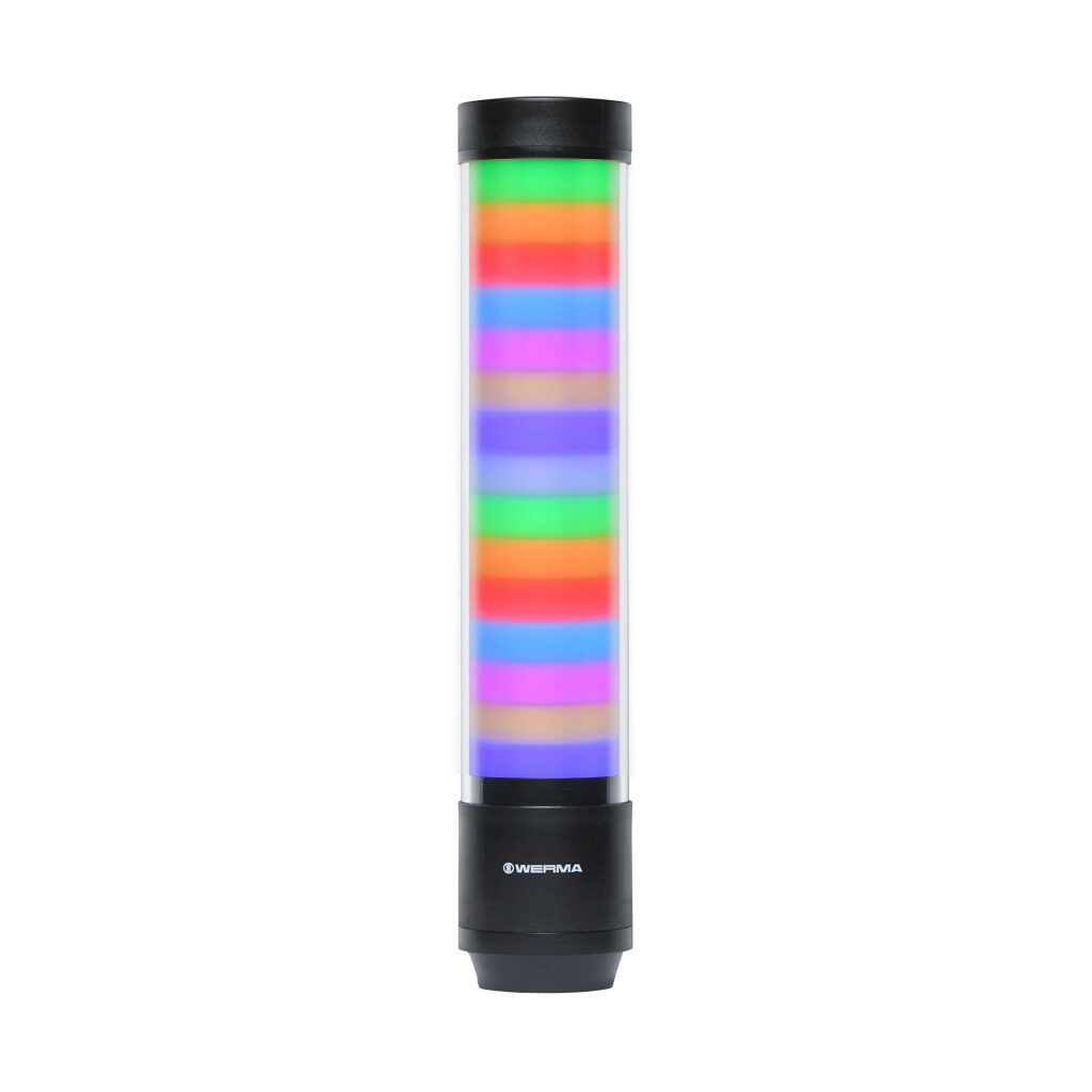 65751055 - WERMA eSIGN series LED signal tower, black, (15) tiers, 72mm diameter, custom programmable colors, selectable multi light function, 24 VDC, 360 degree viewing angle, 4-pin M12 A-coded (IO-Link), base or tube mount, IP66 and IP69K.