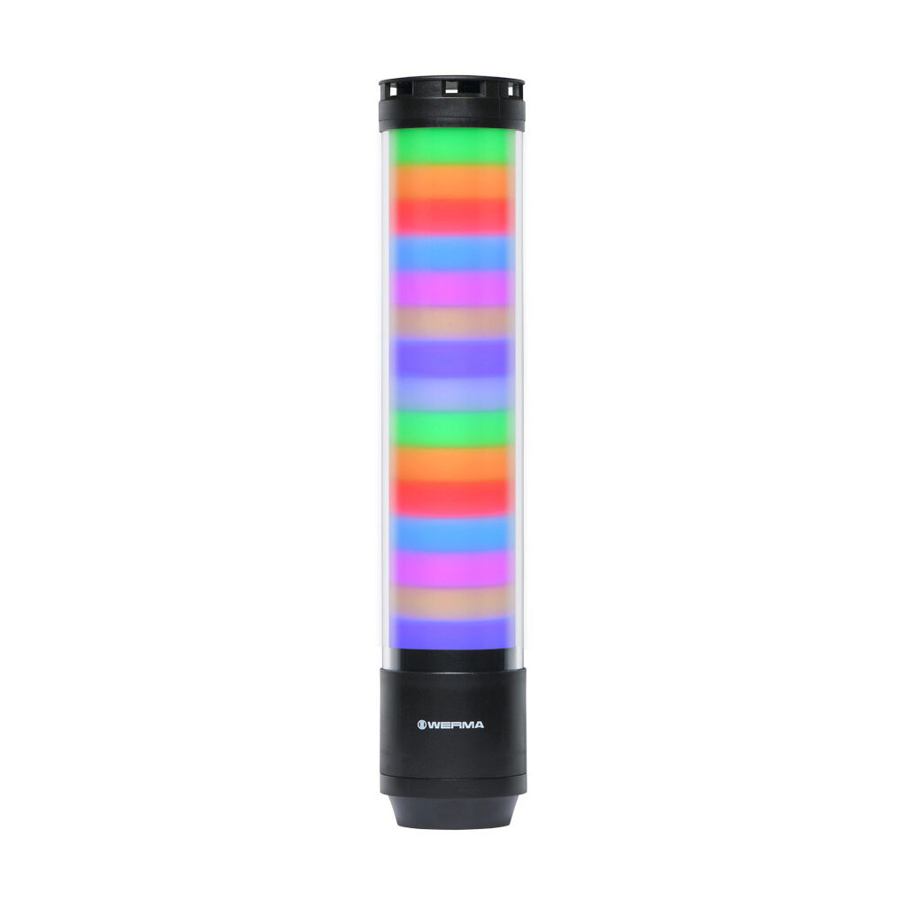 65760055 - WERMA eSIGN series LED signal tower, black, (15) tiers, 72mm diameter, custom programmable colors, selectable multi light function, (10) selectable tone(s), 24 VDC, 360 degree viewing angle, 8-pin M12 A-coded, base or tube mount, IP66 a...