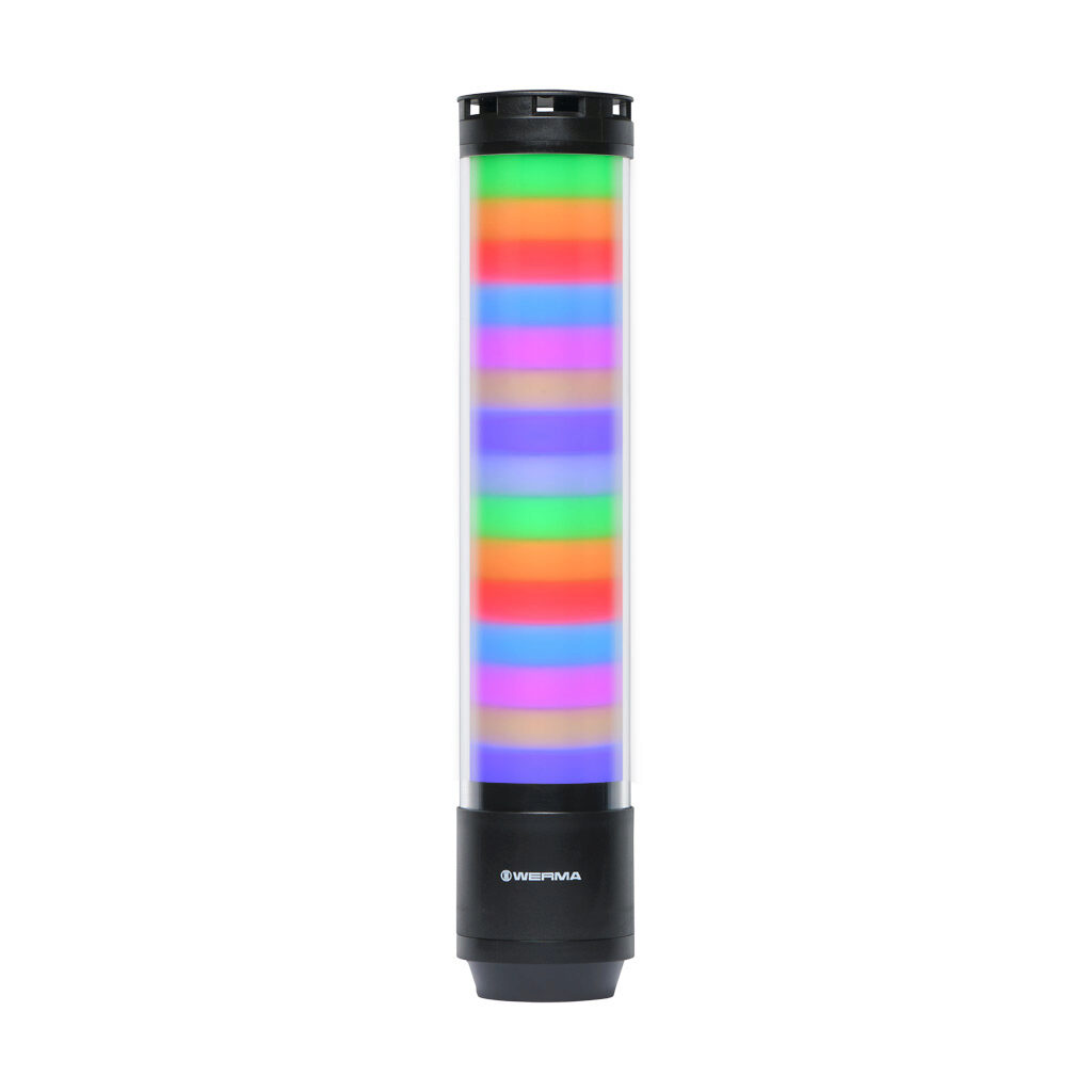65761055 - WERMA eSIGN series LED signal tower, black, (15) tiers, 72mm diameter, custom programmable colors, selectable multi light function, (10) selectable tone(s), 24 VDC, 360 degree viewing angle, 4-pin M12 A-coded (IO-Link), base or tube mou...