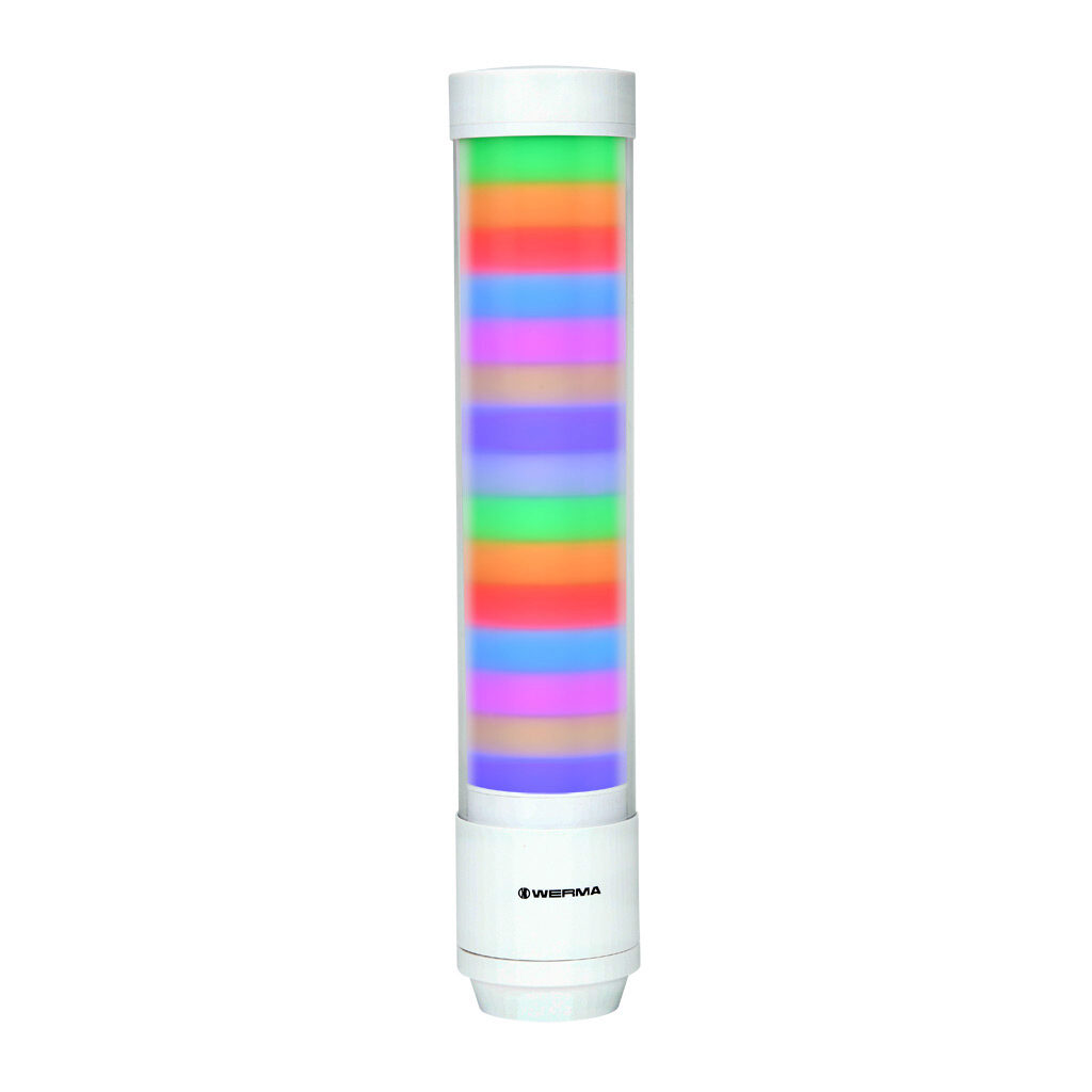 65770055 - WERMA eSIGN series LED signal tower, white, (15) tiers, 72mm diameter, custom programmable colors, selectable multi light function, 24 VDC, 360 degree viewing angle, 8-pin M12 A-coded, base or tube mount, IP66 and IP69K.