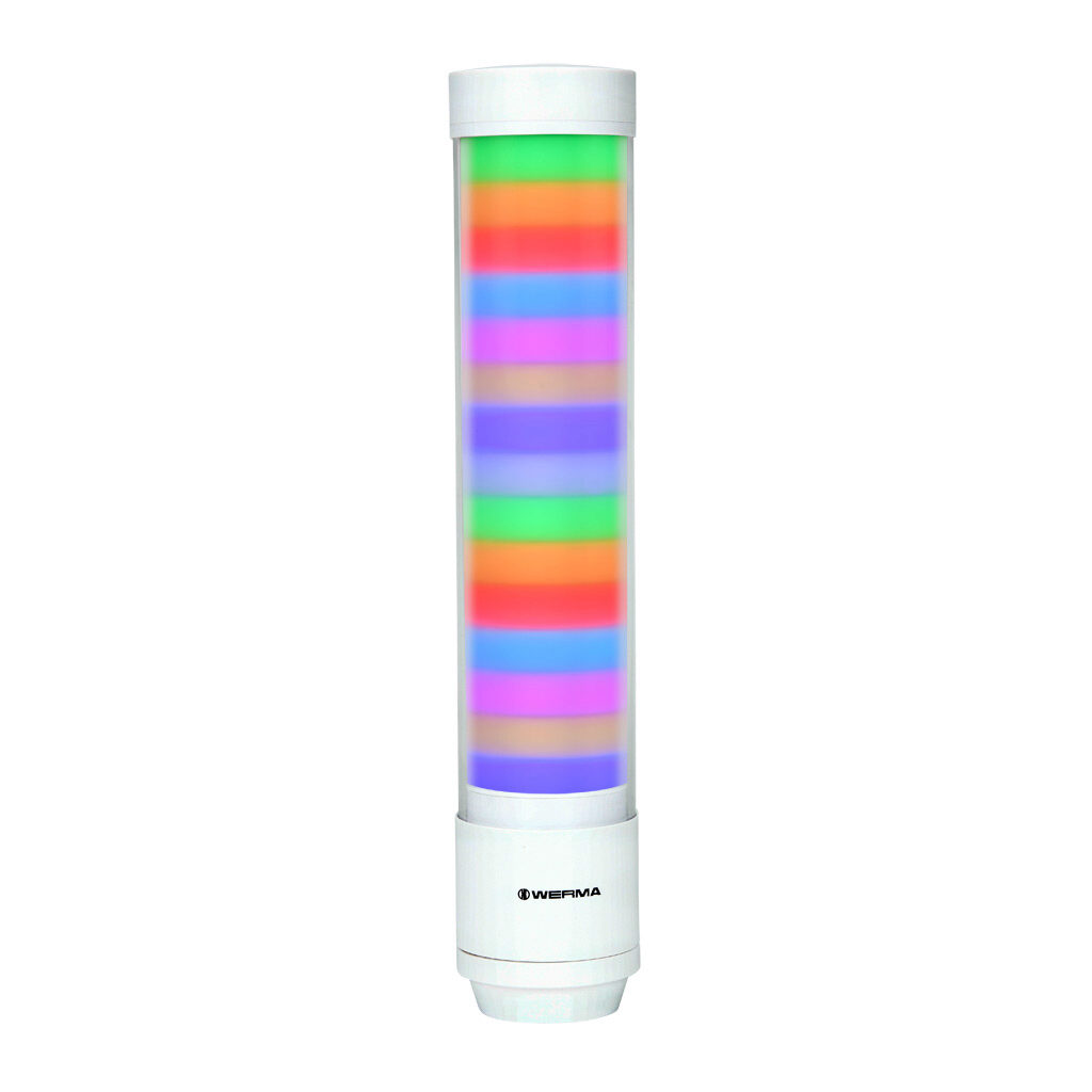 65771055 - WERMA eSIGN series LED signal tower, white, (15) tiers, 72mm diameter, custom programmable colors, selectable multi light function, 24 VDC, 360 degree viewing angle, 4-pin M12 A-coded (IO-Link), base or tube mount, IP66 and IP69K.