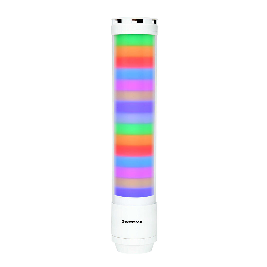 65780055 - WERMA eSIGN series LED signal tower, white, (15) tiers, 72mm diameter, custom programmable colors, selectable multi light function, (10) selectable tone(s), 24 VDC, 360 degree viewing angle, 8-pin M12 A-coded, base or tube mount, IP66 a...