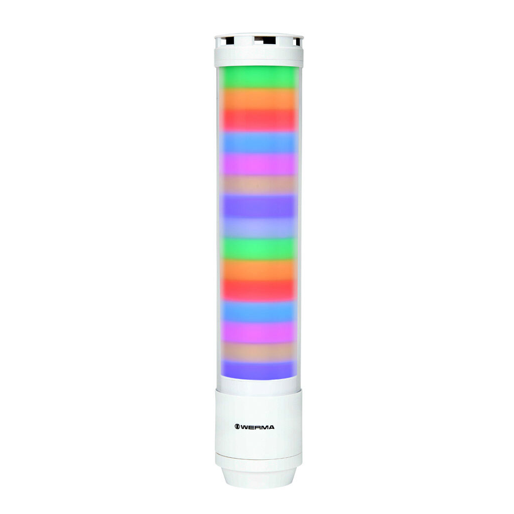 65781055 - WERMA eSIGN series LED signal tower, white, (15) tiers, 72mm diameter, custom programmable colors, selectable multi light function, (10) selectable tone(s), 24 VDC, 360 degree viewing angle, 4-pin M12 A-coded (IO-Link), base or tube mou...
