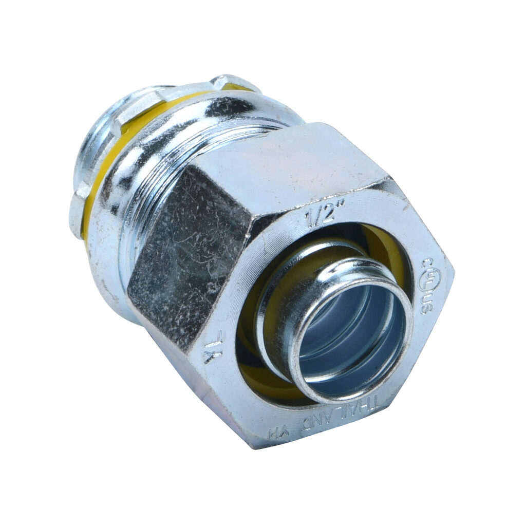 66204 - Halex fitting, liquid-tight, malleable iron, straight, 1/2in trade size, compression conduit connection, zinc electro-plated finish. Package of 5. For use with LFMC and NM-Type B electrical conduit. Sealing washer and locknut included.