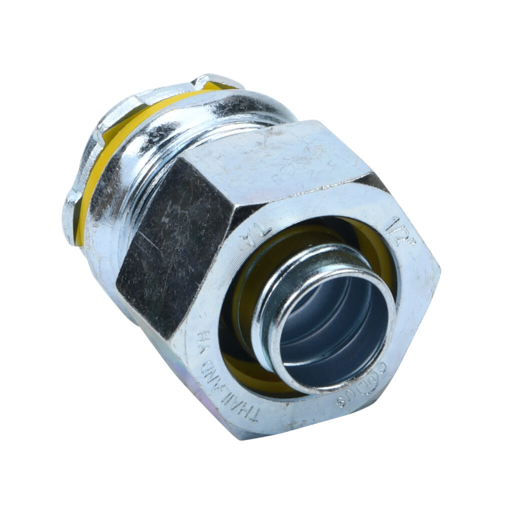 66205B - Halex fitting, liquid-tight, malleable iron, straight, 1/2in trade size, compression conduit connection, zinc electro-plated finish. Package of 25. For use with LFMC and NM-Type B electrical conduit. Sealing washer and locknut included.