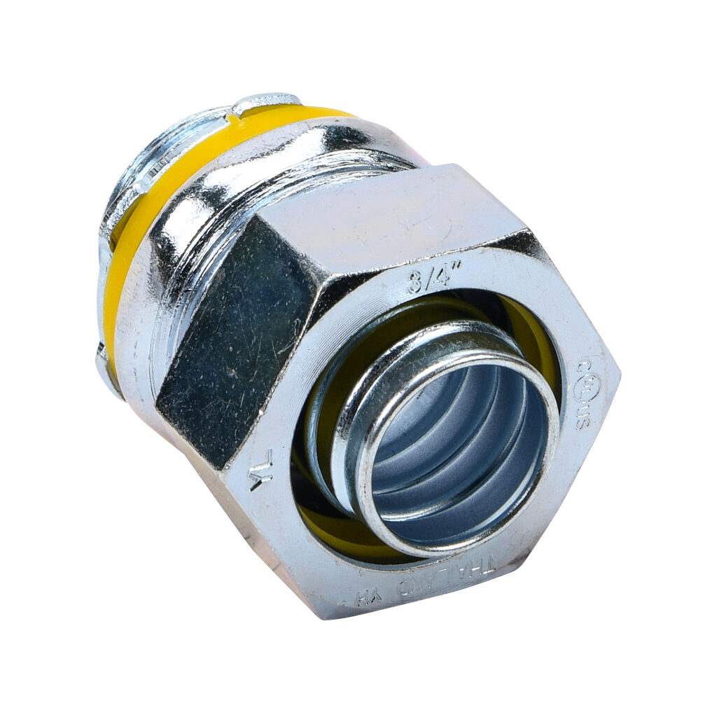 66206B - Halex fitting, liquid-tight, malleable iron, straight, 3/4in trade size, compression conduit connection, zinc electro-plated finish. Package of 10. For use with LFMC and NM-Type B electrical conduit. Sealing washer and locknut included.