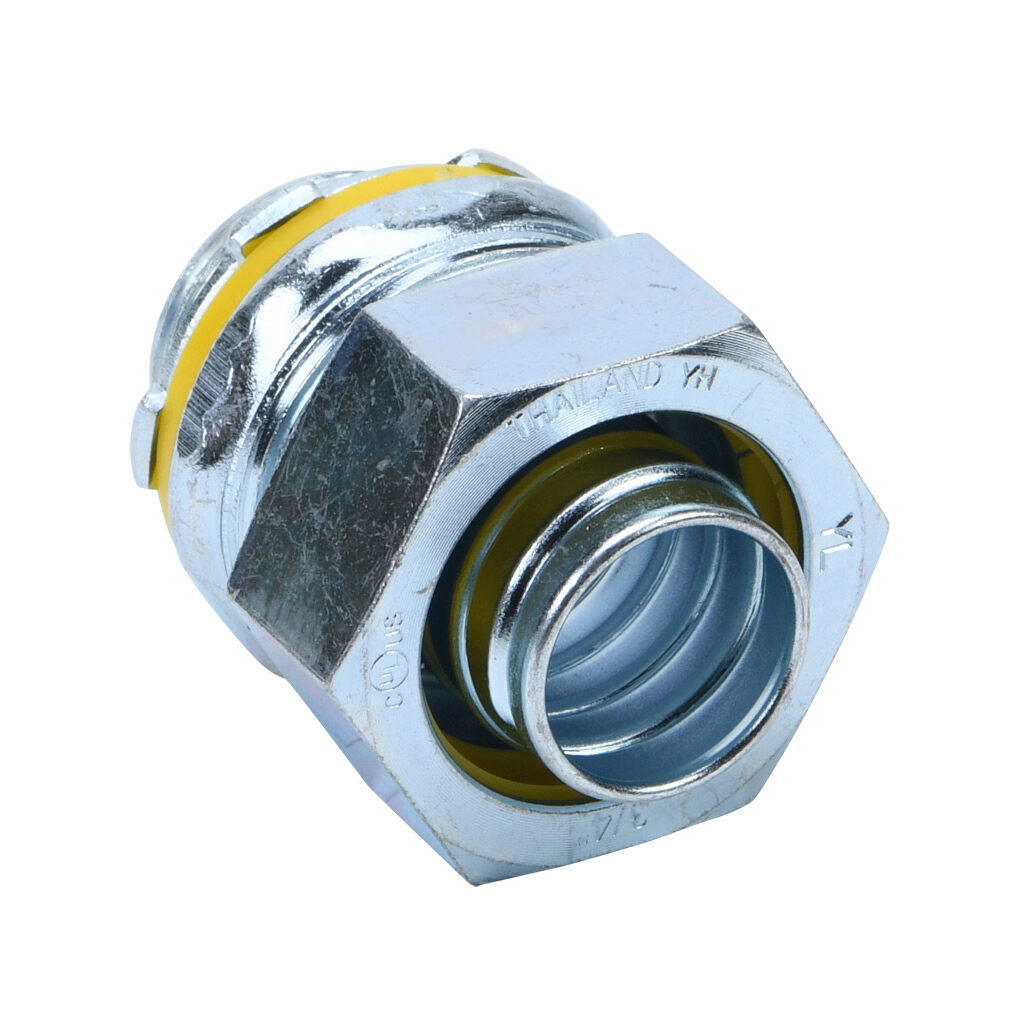 66208 - Halex fitting, liquid-tight, malleable iron, straight, 3/4in trade size, compression conduit connection, zinc electro-plated finish. Package of 5. For use with LFMC and NM-Type B electrical conduit. Sealing washer and locknut included.