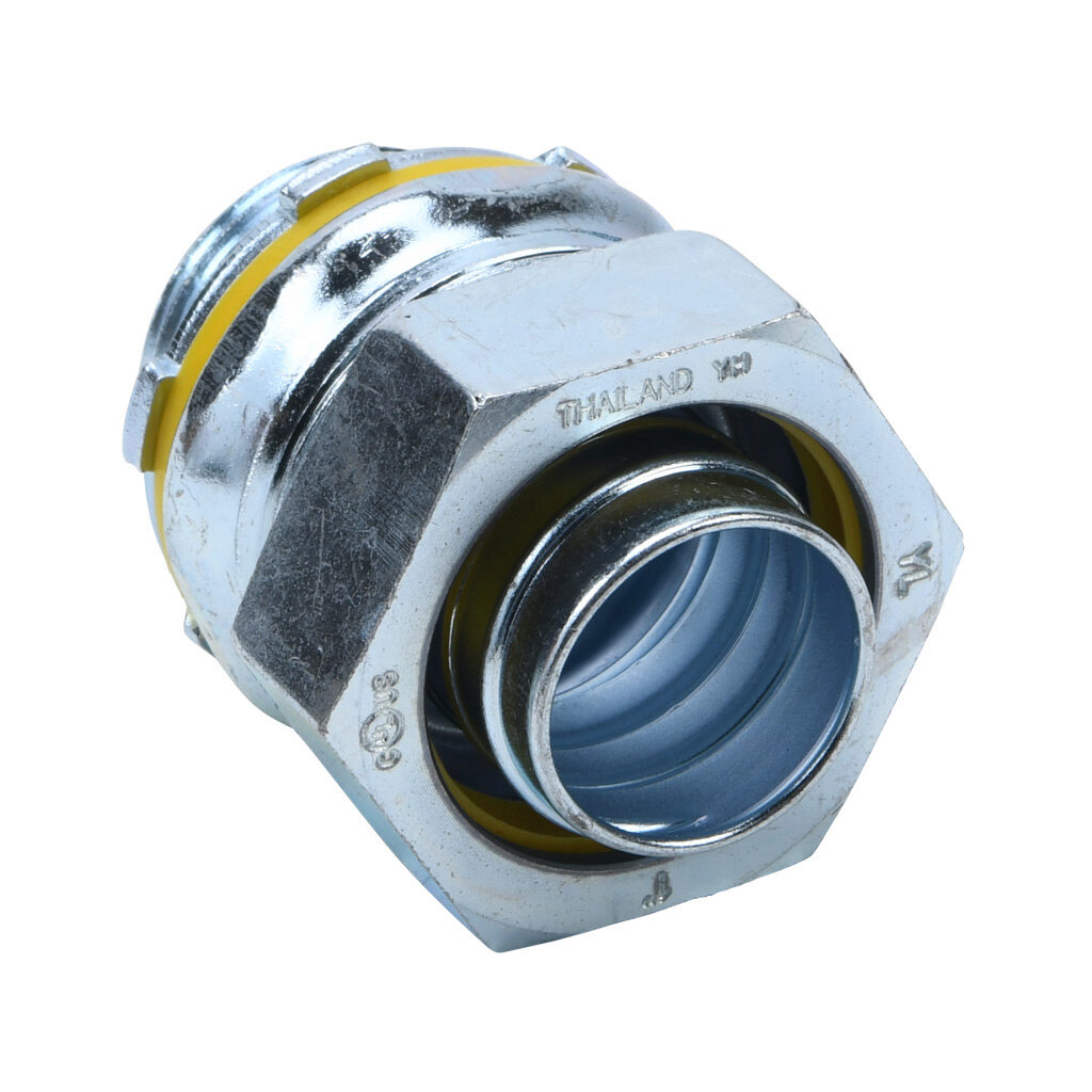 66209 - Halex fitting, liquid-tight, malleable iron, straight, 1in trade size, compression conduit connection, zinc electro-plated finish. Package of 2. For use with LFMC and NM-Type B electrical conduit. Sealing washer and locknut included.