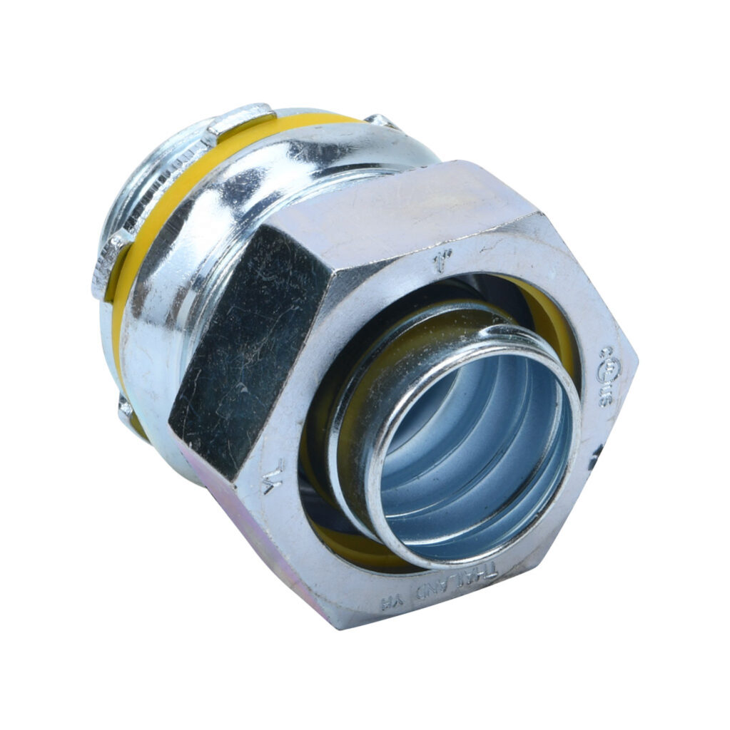 66210B - Halex fitting, liquid-tight, malleable iron, straight, 1in trade size, compression conduit connection, zinc electro-plated finish. Package of 5. For use with LFMC and NM-Type B electrical conduit. Sealing washer and locknut included.