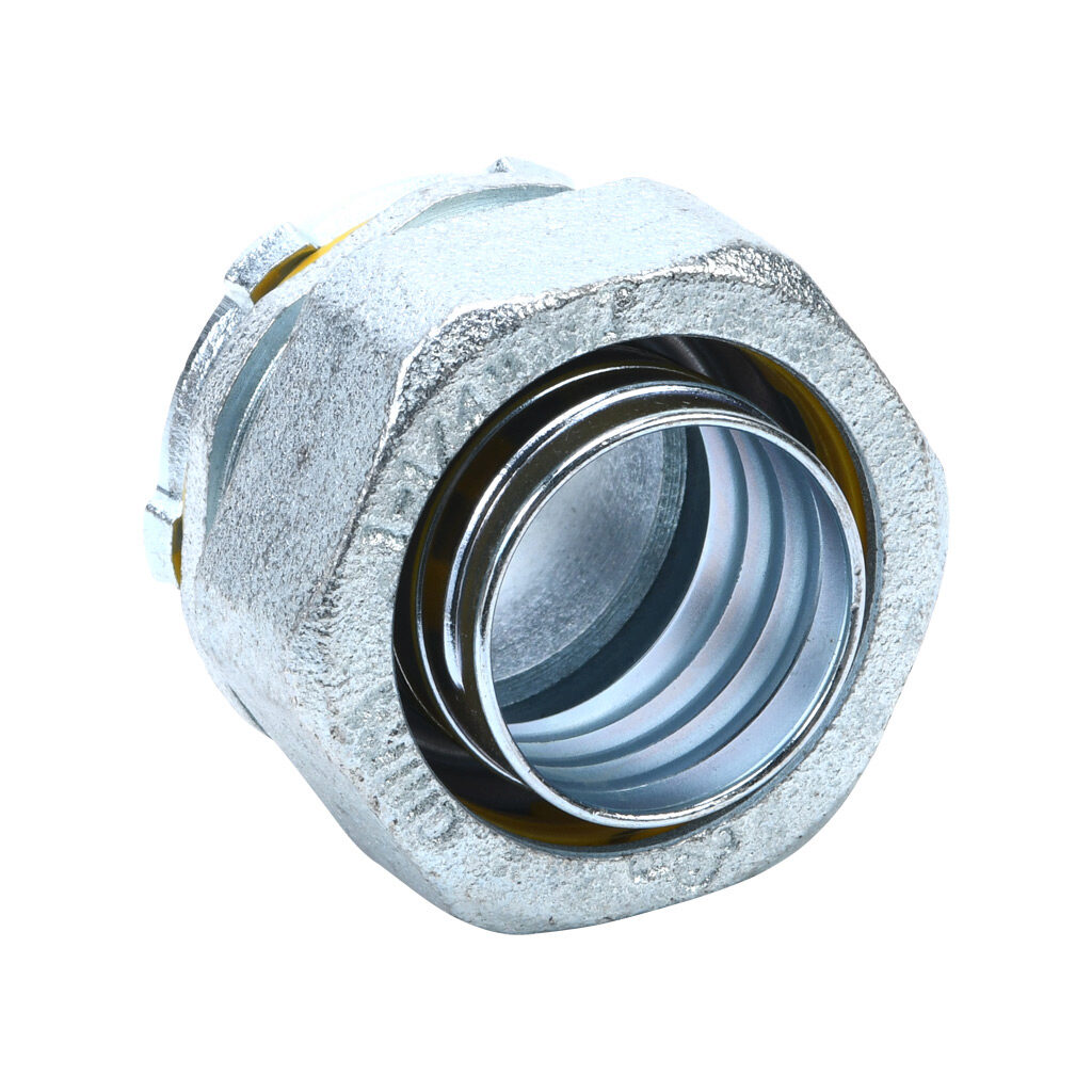66212 - Halex fitting, liquid-tight, malleable iron, straight, 1-1/4in trade size, compression conduit connection, zinc electro-plated finish. Package of 2. For use with LFMC and NM-Type B electrical conduit. Sealing washer and locknut included.