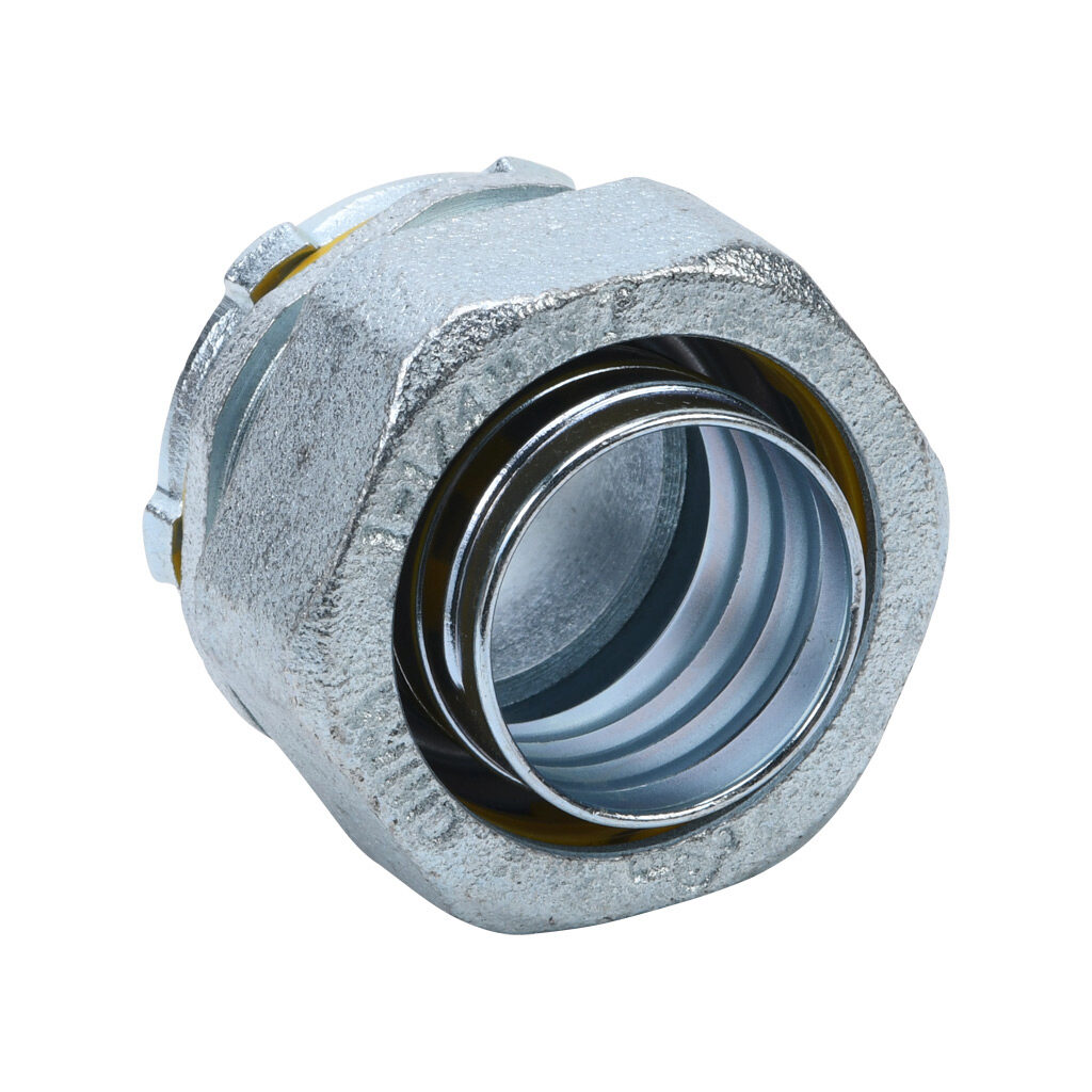 66212B - Halex fitting, liquid-tight, malleable iron, straight, 1-1/4in trade size, compression conduit connection, zinc electro-plated finish. Package of 5. For use with LFMC and NM-Type B electrical conduit. Sealing washer and locknut included.