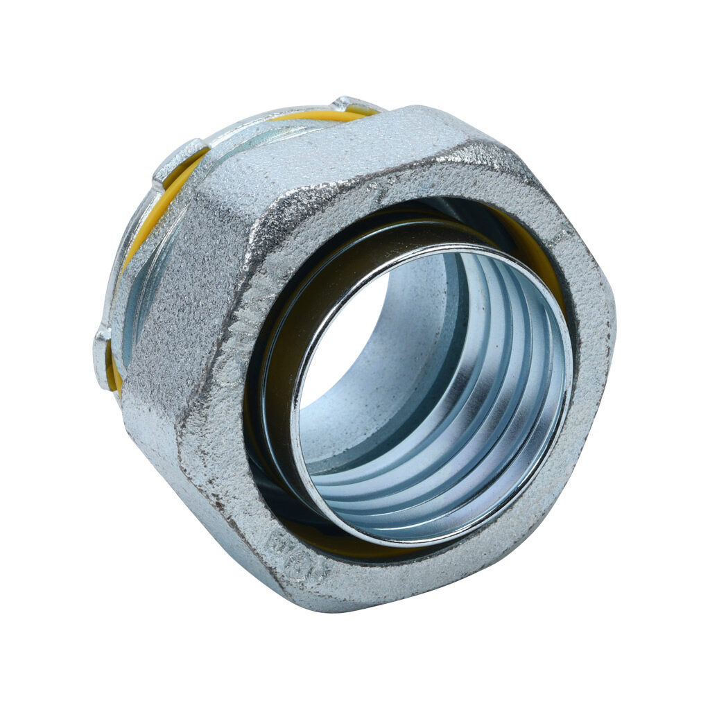 66220B - Halex fitting, liquid-tight, malleable iron, straight, 2in trade size, compression conduit connection, zinc electro-plated finish. Package of 2. For use with LFMC and NM-Type B electrical conduit. Sealing washer and locknut included.