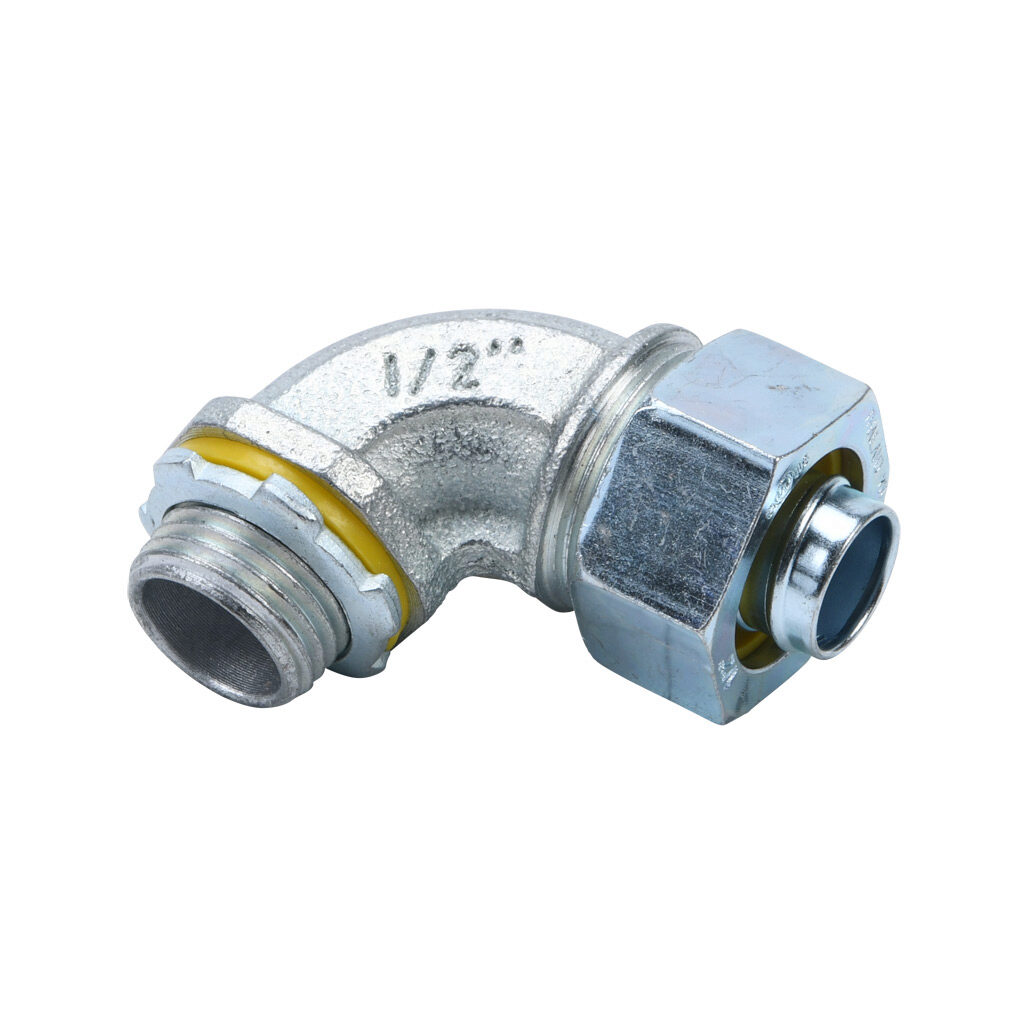 66905B - Halex fitting, liquid-tight, malleable iron, 90-degree, 1/2in trade size, compression conduit connection, zinc electro-plated finish. Package of 10. For use with LFMC and NM-Type B electrical conduit. Sealing washer and locknut included.