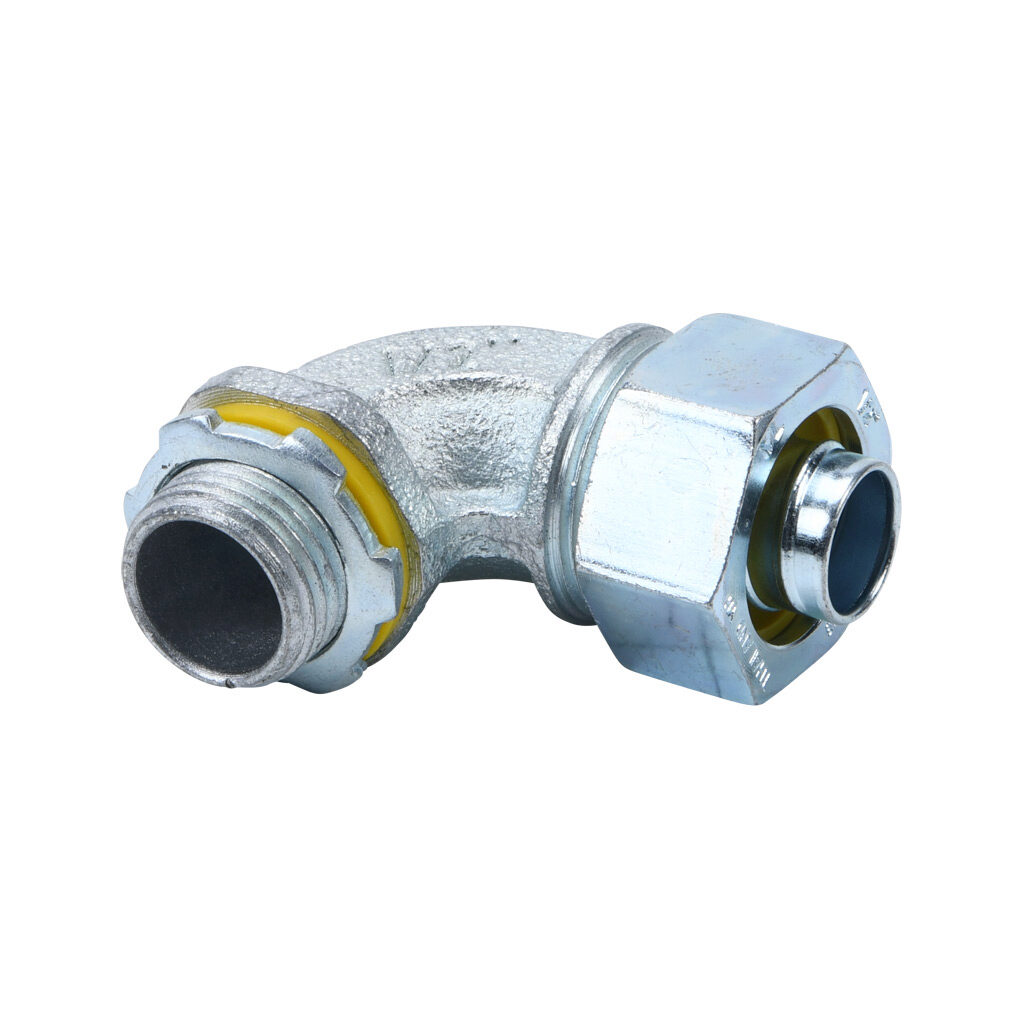 66906 - Halex fitting, liquid-tight, malleable iron, 90-degree, 1/2in trade size, compression conduit connection, zinc electro-plated finish. Package of 2. For use with LFMC and NM-Type B electrical conduit. Sealing washer and locknut included.