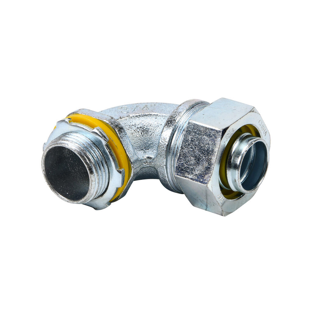 66907B - Halex fitting, liquid-tight, malleable iron, 90-degree, 3/4in trade size, compression conduit connection, zinc electro-plated finish. Package of 10. For use with LFMC and NM-Type B electrical conduit. Sealing washer and locknut included.