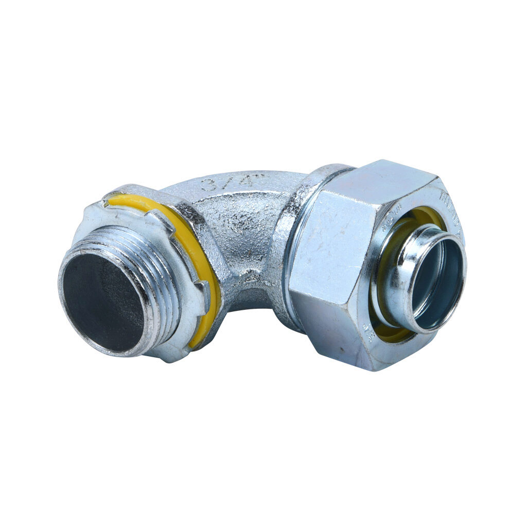 66908 - Halex fitting, liquid-tight, malleable iron, 90-degree, 3/4in trade size, compression conduit connection, zinc electro-plated finish. Package of 2. For use with LFMC and NM-Type B electrical conduit. Sealing washer and locknut included.