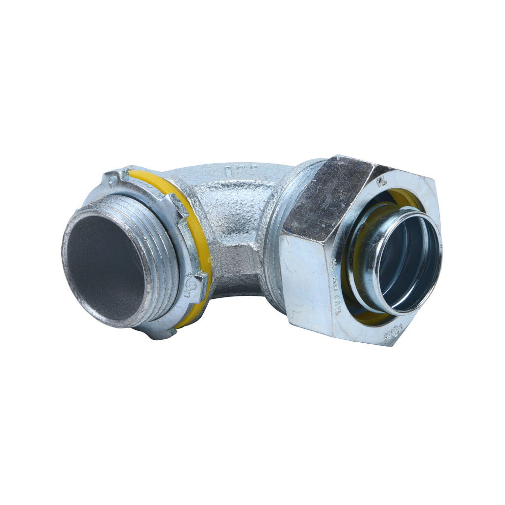 66910B - Halex fitting, liquid-tight, malleable iron, 90-degree, 1in trade size, compression conduit connection, zinc electro-plated finish. Package of 5. For use with LFMC and NM-Type B electrical conduit. Sealing washer and locknut included.