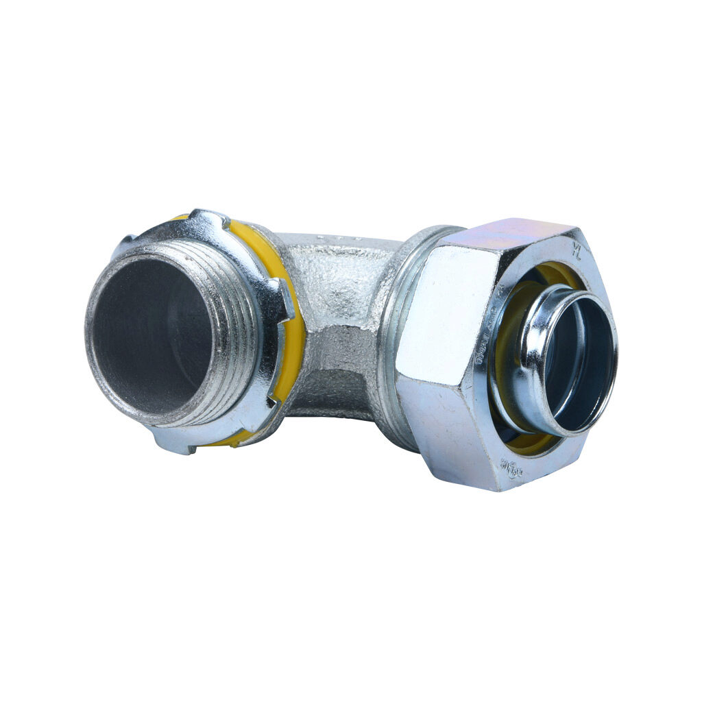 66911 - Halex fitting, liquid-tight, malleable iron, 90-degree, 1in trade size, compression conduit connection, zinc electro-plated finish. Package of 2. For use with LFMC and NM-Type B electrical conduit. Sealing washer and locknut included.