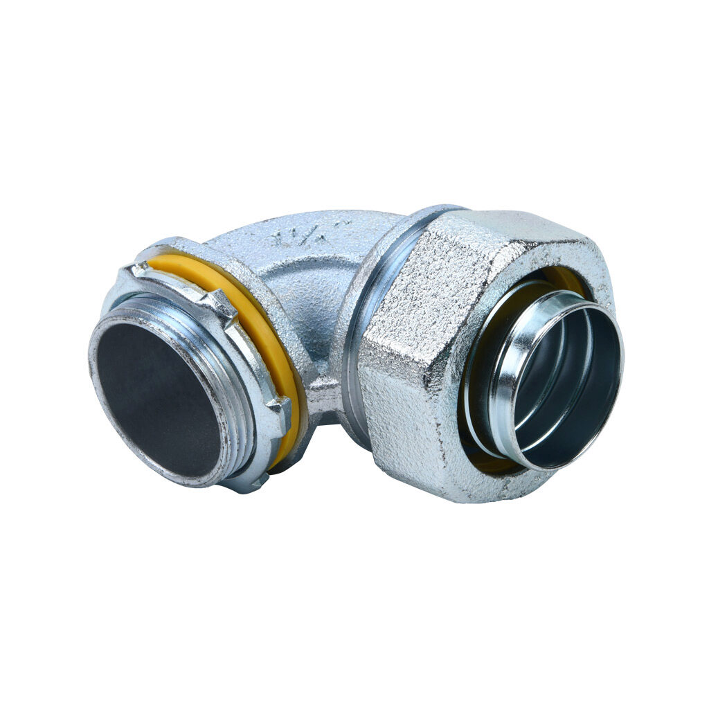 66912 - Halex fitting, liquid-tight, malleable iron, 90-degree, 1-1/4in trade size, compression conduit connection, zinc electro-plated finish. Package of 2. For use with LFMC and NM-Type B electrical conduit. Sealing washer and locknut included.