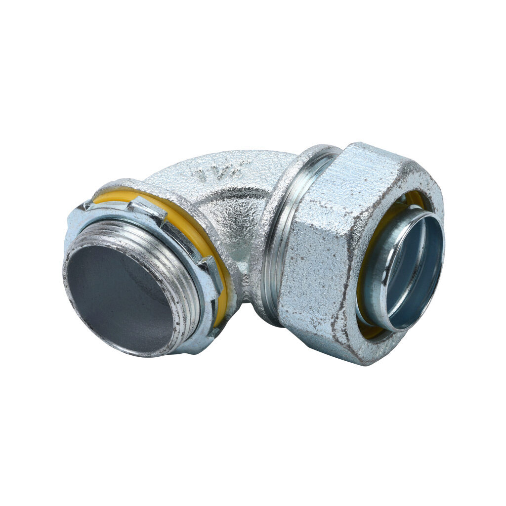 66912B - Halex fitting, liquid-tight, malleable iron, 90-degree, 1-1/4in trade size, compression conduit connection, zinc electro-plated finish. Package of 5. For use with LFMC and NM-Type B electrical conduit. Sealing washer and locknut included.