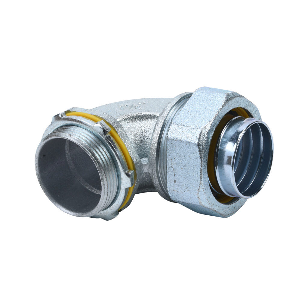 66915B - Halex fitting, liquid-tight, malleable iron, 90-degree, 1-1/2in trade size, compression conduit connection, zinc electro-plated finish. Package of 2. For use with LFMC and NM-Type B electrical conduit. Sealing washer and locknut included.