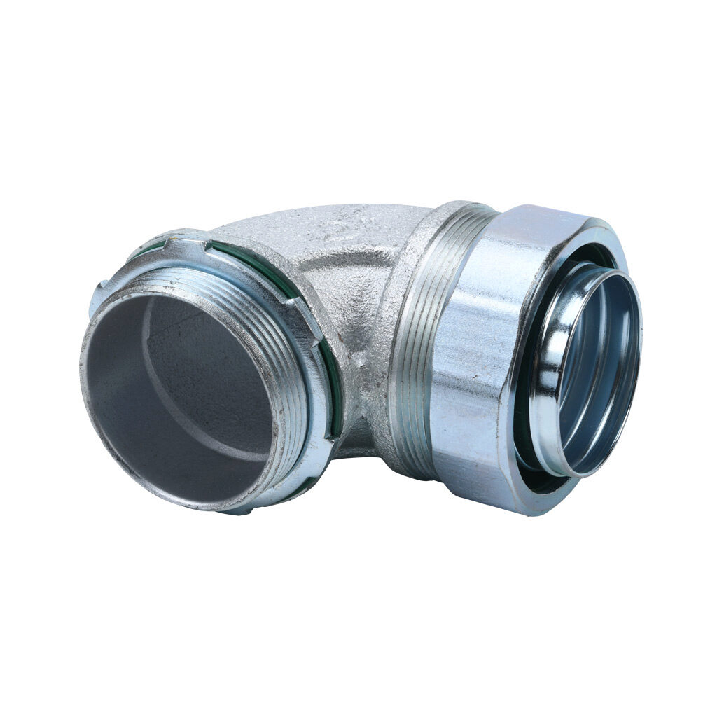 66920B - Halex fitting, liquid-tight, malleable iron, 90-degree, 2in trade size, compression conduit connection, zinc electro-plated finish. Package of 2. For use with LFMC and NM-Type B electrical conduit. Sealing washer and locknut included.