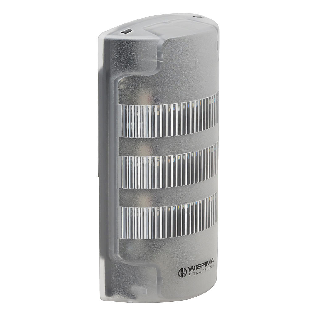 69110055 - WERMA FlatSIGN series LED signal column, (3) tiers, red/yellow/green, selectable permanent or blinking light function, 24 VAC/VDC, clear lens, 194.9mm body length, transparent, 160 degree viewing angle, wall mount, IP65.