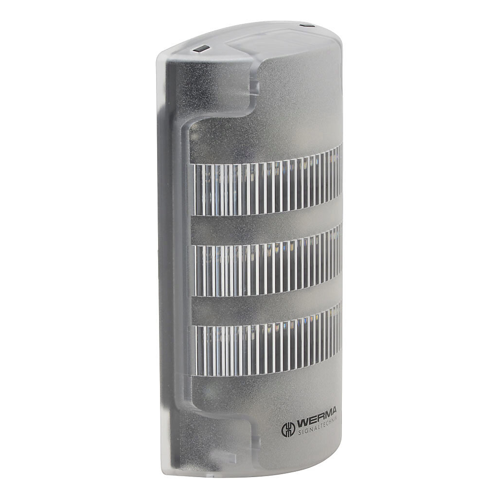 69110068 - WERMA FlatSIGN series LED signal column, (3) tiers, red/yellow/green, selectable permanent or blinking light function, 115-230 VAC, clear lens, 194.9mm body length, transparent, 160 degree viewing angle, wall mount, IP65.