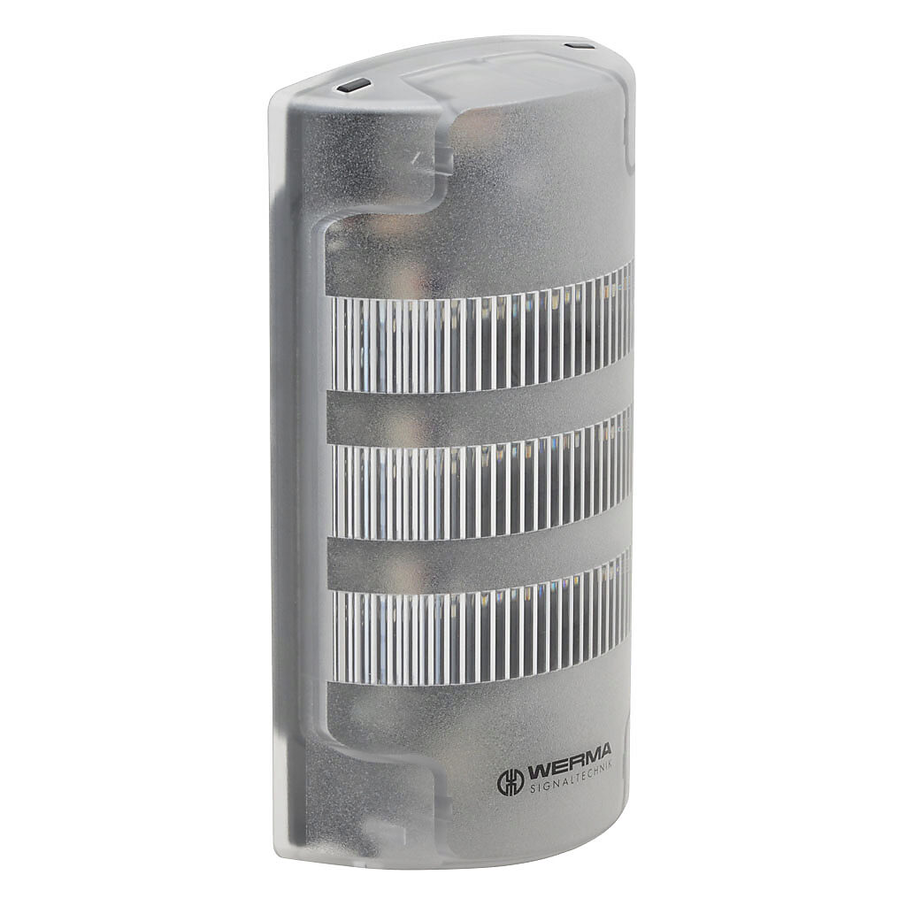 69120055 - WERMA FlatSIGN series LED signal column, (3) tiers, red/yellow/green, selectable permanent or blinking light function, (8) alarms, 24 VAC/VDC, clear lens, 194.9mm body length, transparent, 160 degree viewing angle, wall mount, IP65.