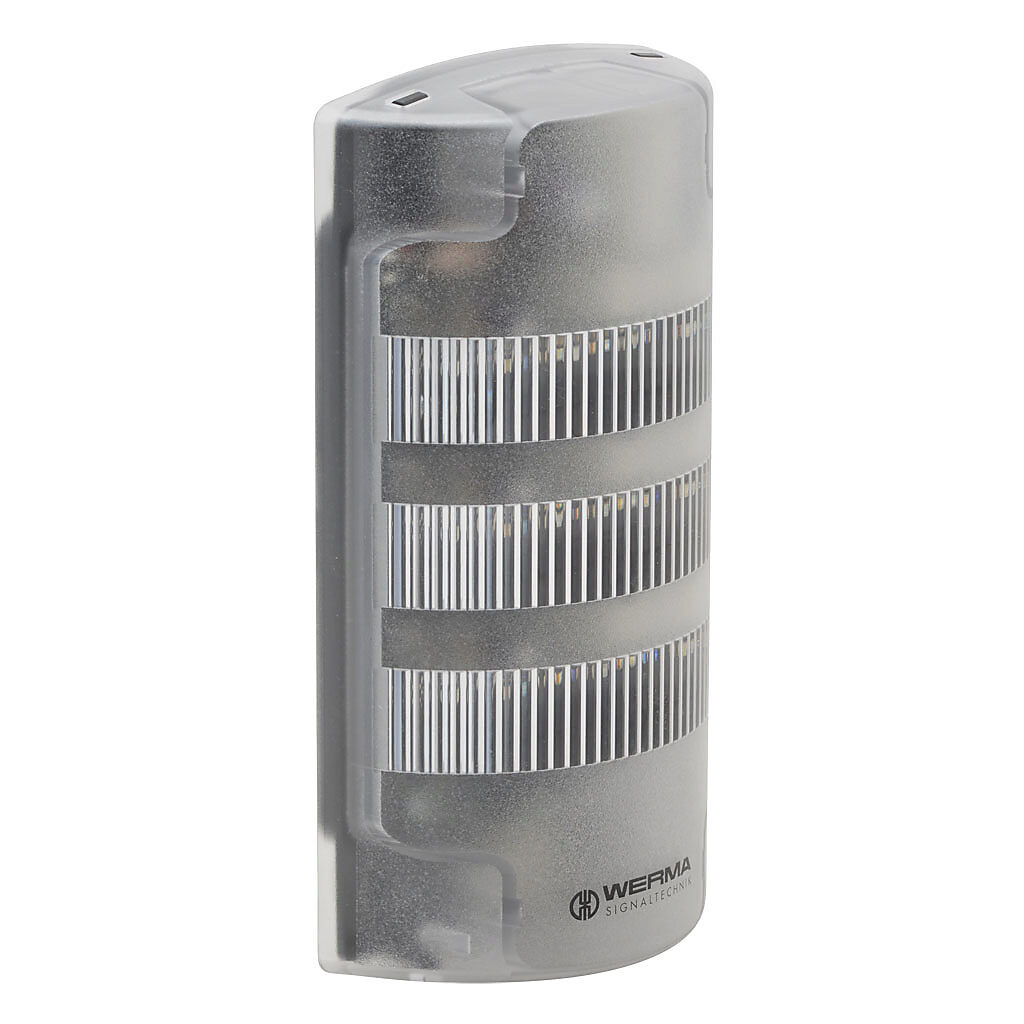 69120068 - WERMA FlatSIGN series LED signal column, (3) tiers, red/yellow/green, selectable permanent or blinking light function, (1) alarm, 115-230 VAC, clear lens, 194.9mm body length, transparent, 160 degree viewing angle, wall mount, IP65.