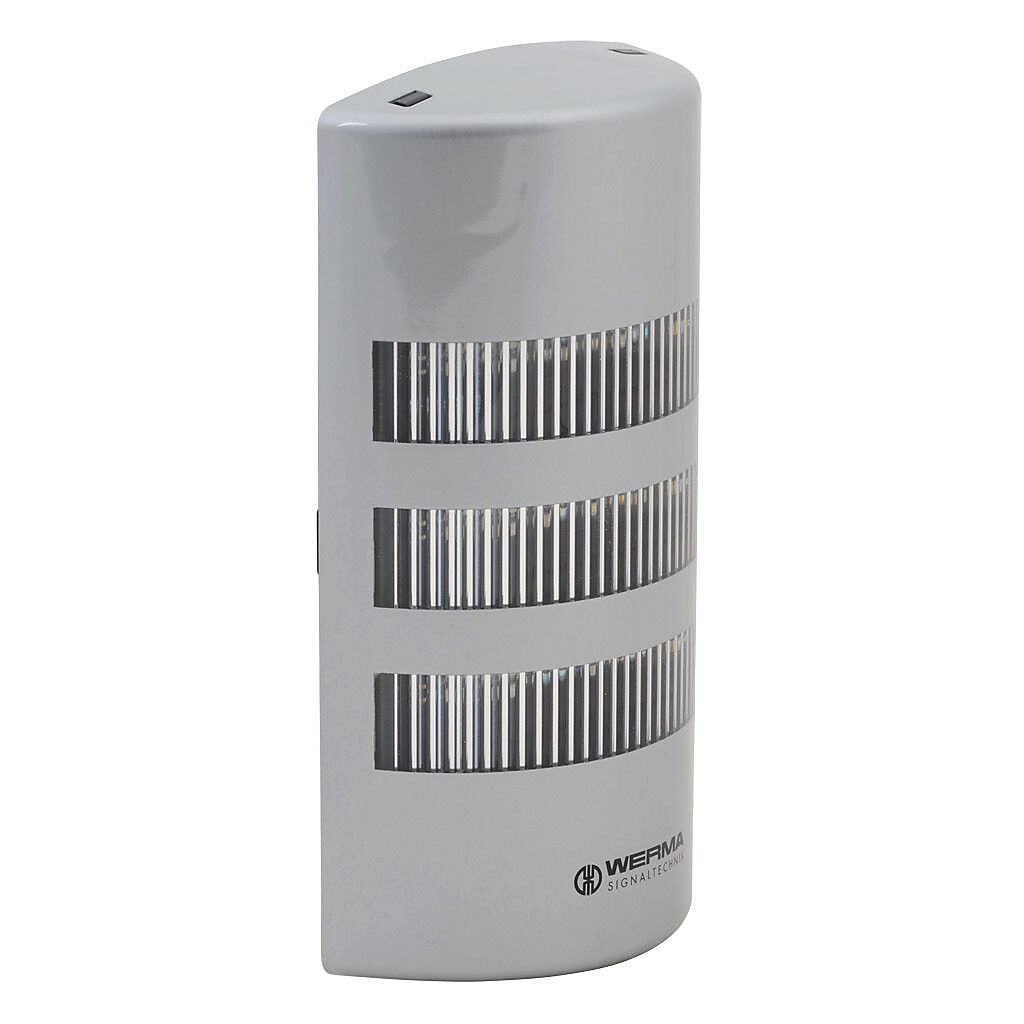 69130055 - WERMA FlatSIGN series LED signal column, (3) tiers, red/yellow/green, selectable permanent or blinking light function, 24 VAC/VDC, clear lens, 194.9mm body length, silver, 160 degree viewing angle, wall mount, IP65.
