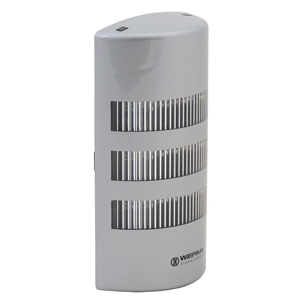 69130068 - WERMA FlatSIGN series LED signal column, (3) tiers, red/yellow/green, selectable permanent or blinking light function, 115-230 VAC, clear lens, 194.9mm body length, silver, 160 degree viewing angle, wall mount, IP65.