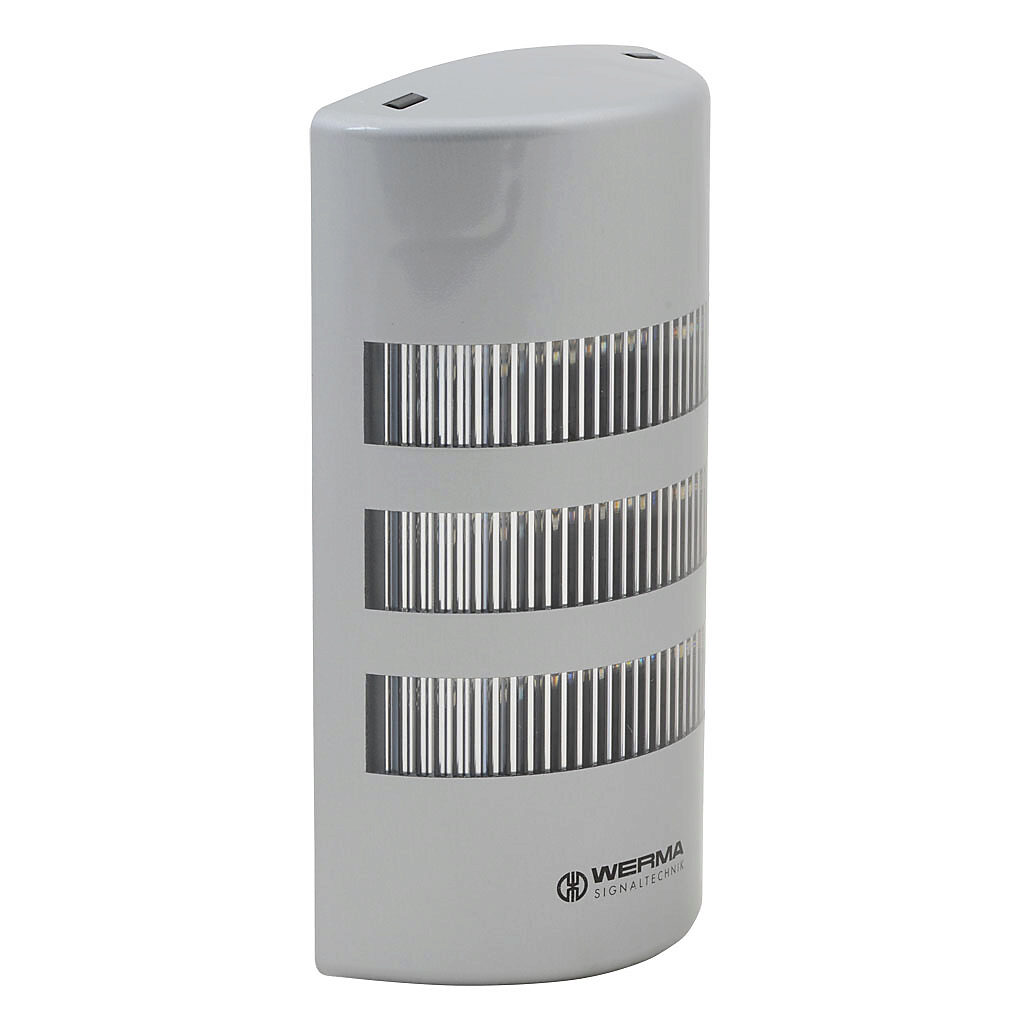 69140055 - WERMA FlatSIGN series LED signal column, (3) tiers, red/yellow/green, selectable permanent or blinking light function, (8) alarms, 24 VAC/VDC, clear lens, 194.9mm body length, silver, 160 degree viewing angle, wall mount, IP65.