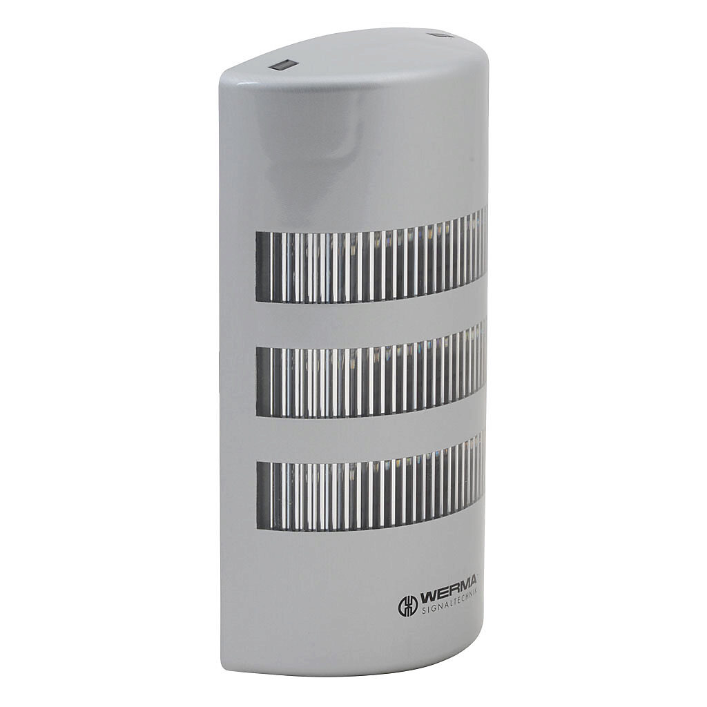 69140068 - WERMA FlatSIGN series LED signal column, (3) tiers, red/yellow/green, selectable permanent or blinking light function, (1) alarm, 115-230 VAC, clear lens, 194.9mm body length, silver, 160 degree viewing angle, wall mount, IP65.