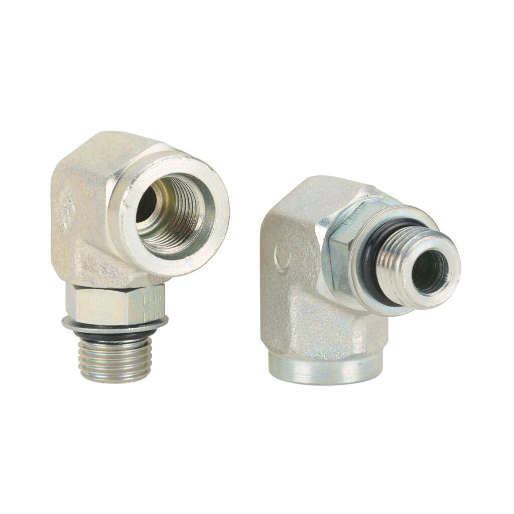 6MB-6FB90 - HY-TECH hydraulic fluid adapter, elbow, plated steel body, (1) -6 male o-ring boss and (1) -6 female o-ring boss. Package of 2.