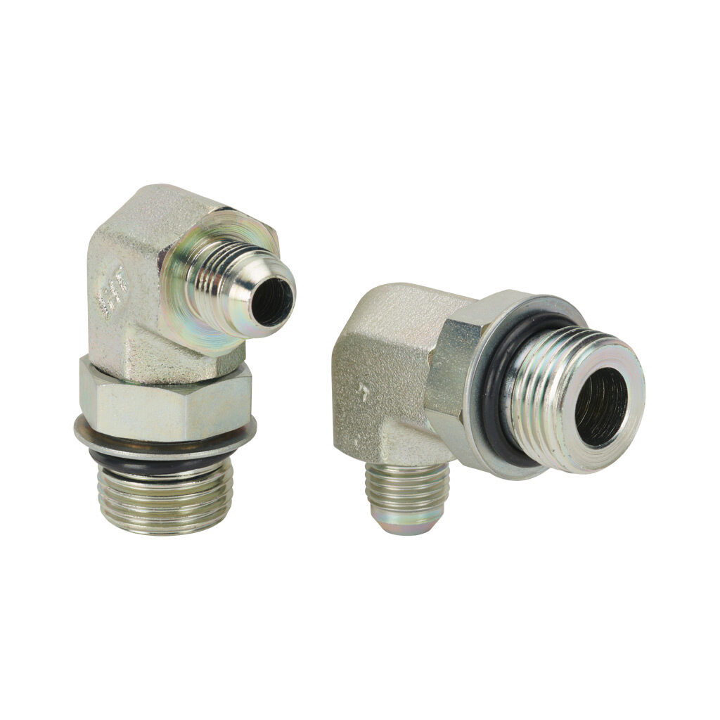 6MJ-10MB90 - HY-TECH hydraulic fluid adapter, elbow, plated steel body, (1) -6 male JIC 37 deg and (1) -10 male o-ring boss. Package of 2.