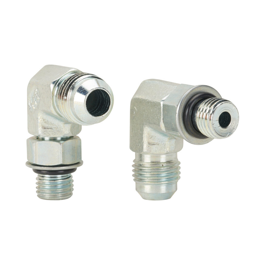 6MJ-4MB90 - HY-TECH hydraulic fluid adapter, elbow, plated steel body, (1) -6 male JIC 37 deg and (1) -4 male o-ring boss. Package of 2.