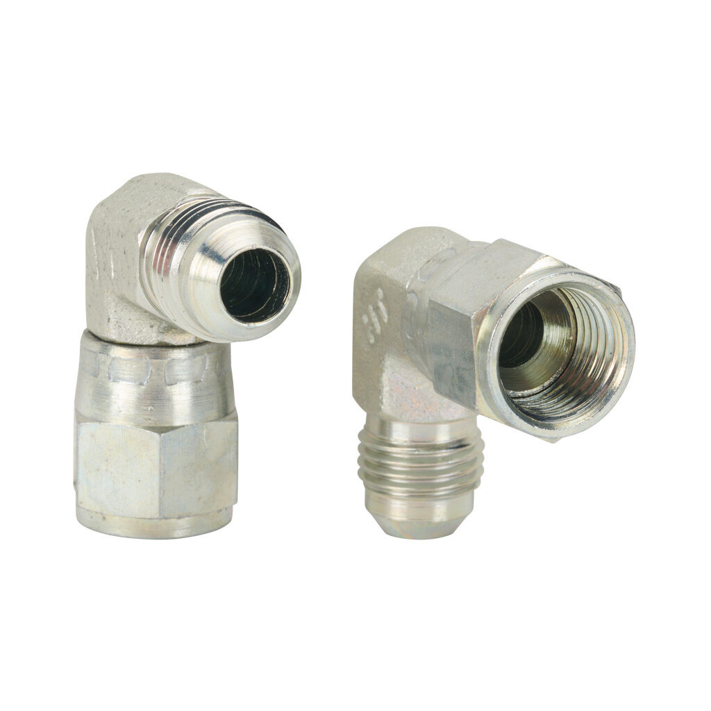 6MJ-6FJX90 - HY-TECH hydraulic fluid adapter, elbow, plated steel body, (1) -6 male JIC 37 deg and (1) -6 female JIC 37 deg. Package of 2.