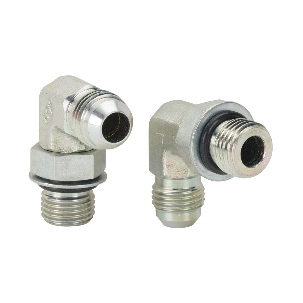 6MJ-6MB90 - HY-TECH hydraulic fluid adapter, elbow, plated steel body, (1) -6 male JIC 37 deg and (1) -6 male o-ring boss. Package of 2.
