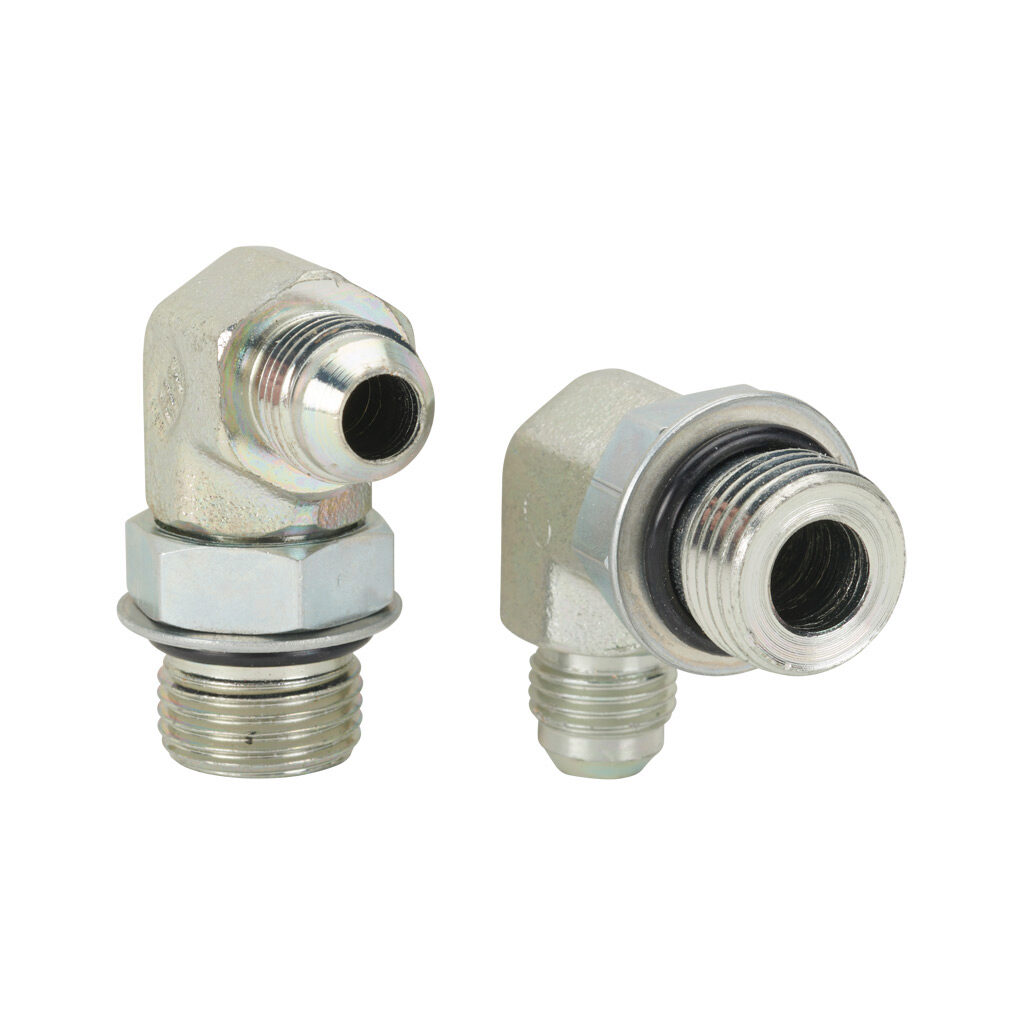 6MJ-8MB90 - HY-TECH hydraulic fluid adapter, elbow, plated steel body, (1) -6 male JIC 37 deg and (1) -8 male o-ring boss. Package of 2.