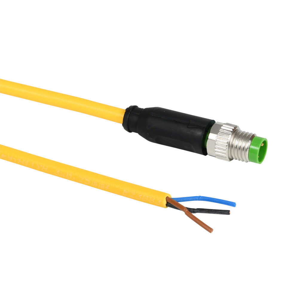 7000-08001-0300200 - Murrelektronik connection cable, M8 axial male to pigtail, 3-pole, PUR jacket, yellow, 6.5ft/2m cable length, IP65 IP66K IP67, sensor & signal.