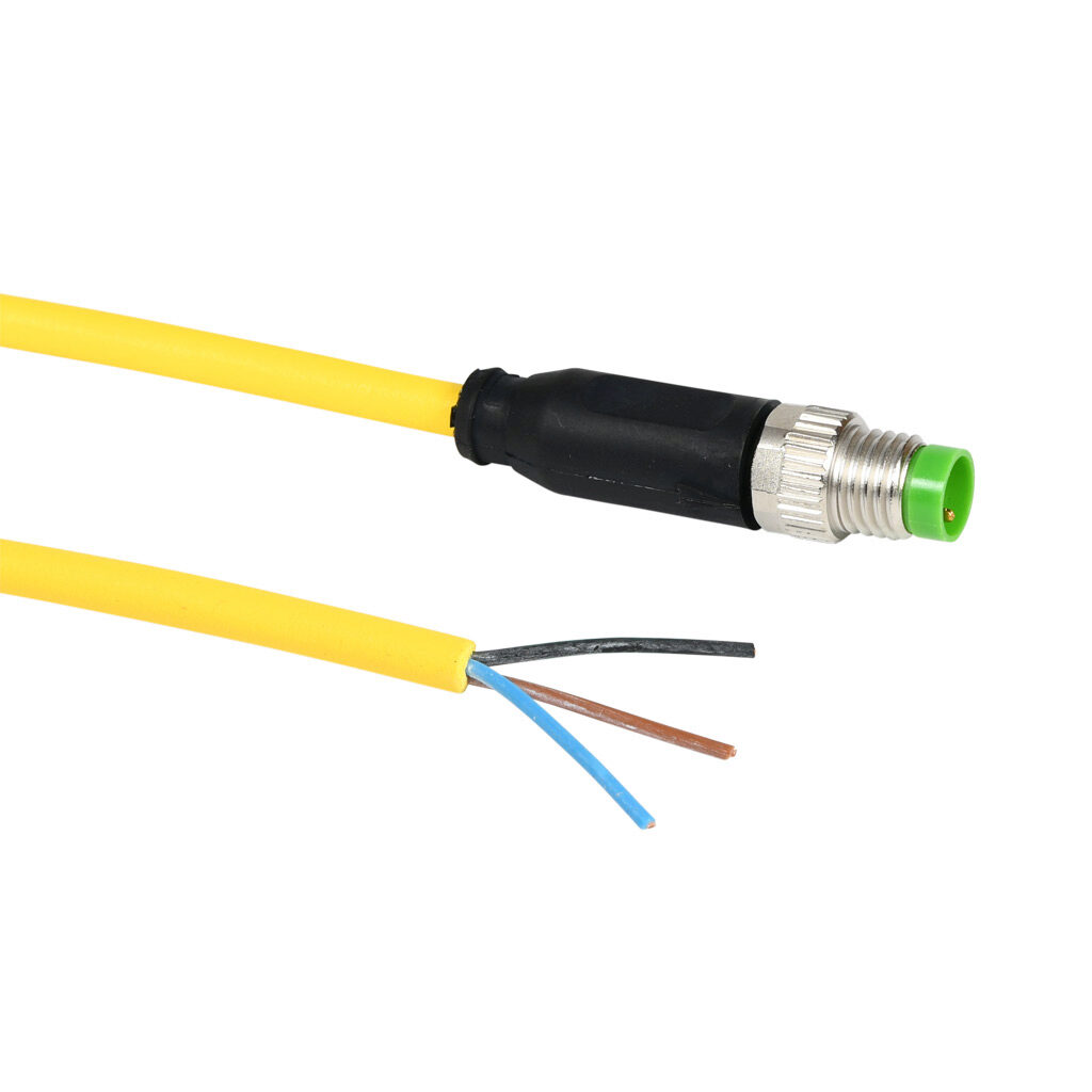 7000-08001-0300500 - Murrelektronik connection cable, M8 axial male to pigtail, 3-pole, PUR jacket, yellow, 16.4ft/5m cable length, IP65 IP66K IP67, sensor & signal.