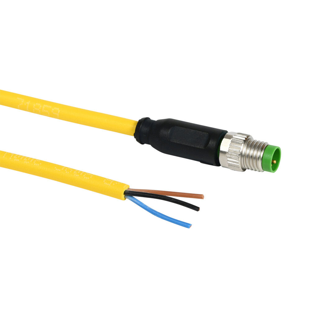 7000-08001-0301000 - Murrelektronik connection cable, M8 axial male to pigtail, 3-pole, PUR jacket, yellow, 32.8ft/10m cable length, IP65 IP66K IP67, sensor & signal.